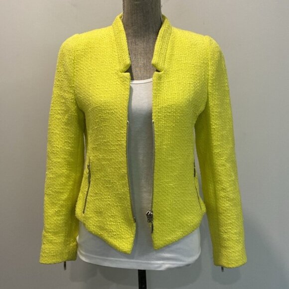 Zara Neon Yellow Tweed Blazer Jacket Size Large - Picture 3 of 15